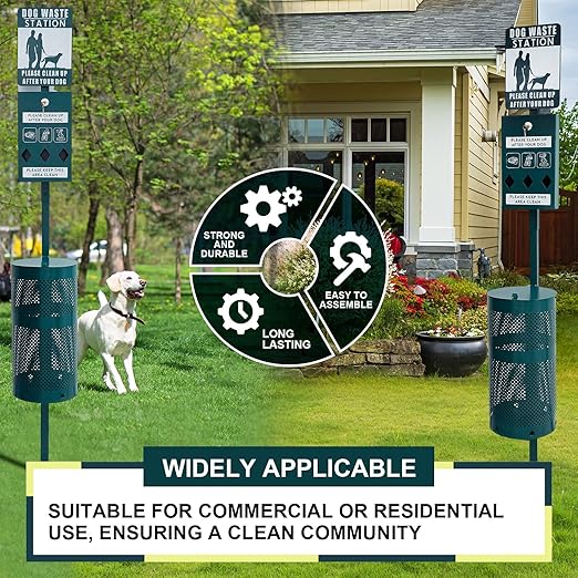 Dog Waste Station Galvanized Steel Outdoor Pet Bin with Poop Bag Dispenser Reflective Sign Rust Proof for Backyard Commercial Park