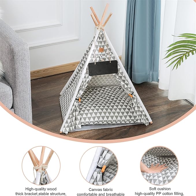 Pet Teepee, Portable Pet Tents for Small Dogs or Cats, Puppy Sweet Bed Washable Dog or Cat Houses with Cushion(Grey2,24in)