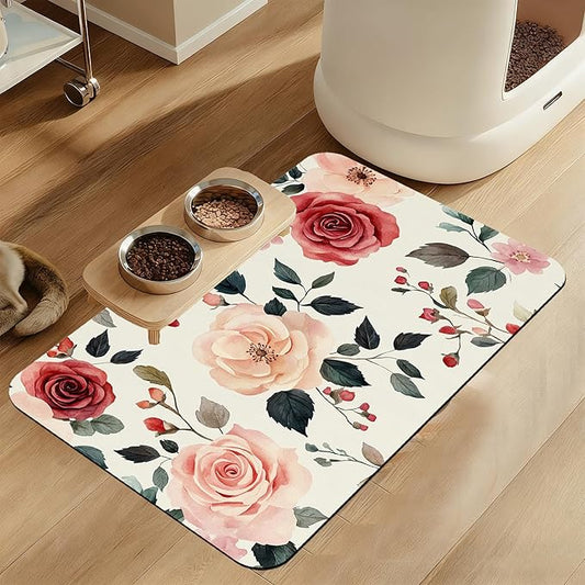 Pink Flower Leaf Pet Feeding Mat–Quick Dry Absorbent Dog Cat Food Mat, Non Slip Waterproof Bowl Placemat for Messy Eaters, Pet Accessories for Floors 16"x24"