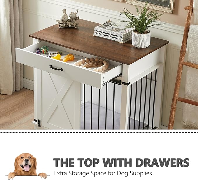 37.8" Dog Crate Furniture - Indoor Wooden Dog Kennel Furniture with Sliding Barn Door and Storage Drawer, White