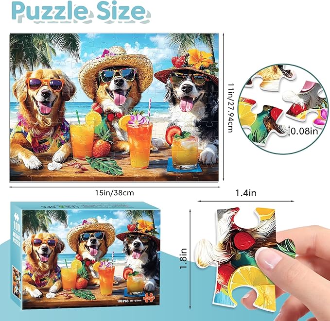 100 Piece Puzzles for Kids Ages 6-8, Dogs Summer Sips Jigsaw Puzzle, Educational Puzzle for Kids & Adults, 100 Piece Puzzles for Adults Large Piece for Seniors 15x11 in