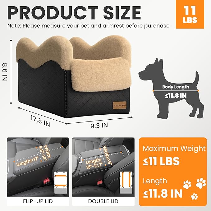 Portable Small Dog Seat for Car, Luxury Center Console Dog Car Seat Booster with Safety Tethers, Anti-Collapse Pet Travel Carseat for SUV, Truck (Black/Brown)
