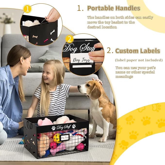 Dog Toy Basket - Large Dog Toy Box with Handles and Label Position Design for Living Room, Metal Dog Toy Bin Storage for Dogs Chew Pets Toys, Blankets, Clothes, Food (Black)
