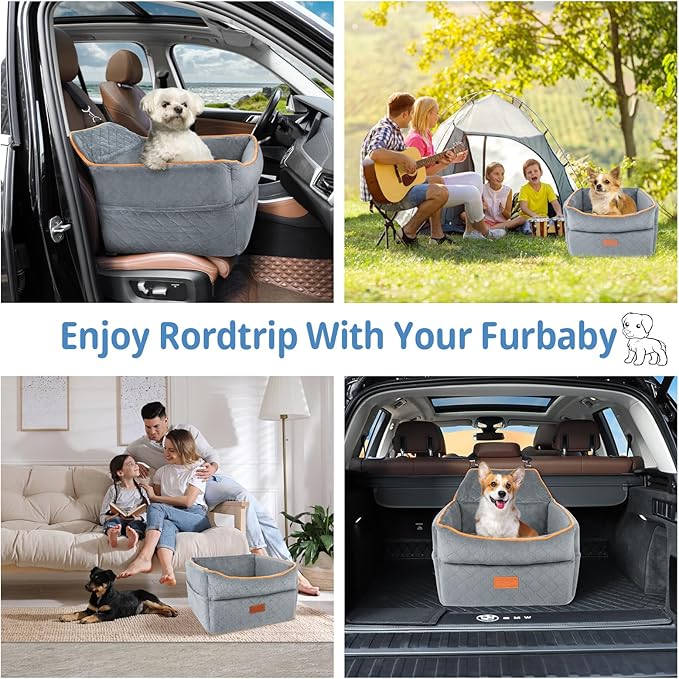 Dog Seat for Small Medium Dogs - 0-35 lbs, Memory Foam Booster Seat with Adjustable Leashes, Elevated Dog Car Travel Bed with Storage Pockets