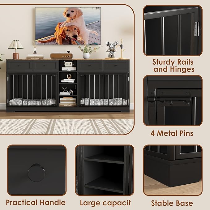 GarveeHome 82” Double Dog Crate Furniture, Large Dog Kennel Indoor for 2 Dogs, Heavy Duty Wooden Dog Crate TV Stand with 4 Drawers and Shelves, Black