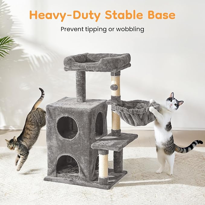 Multi-Level Cat Tree Tower for Large Cats with Scratching Posts, Condos, Perch, Hammocks & Toys, Cat Jungle Gym for Indoor Cats, Ideal for Multi-Cat Households, Grey