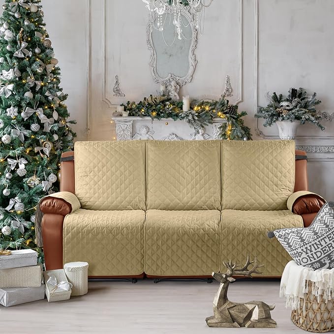 Ruaozz Waterproof Recliner Sofa Cover 1-Piece Couch Covers for Reclining Couches Reclining Sofa Cover Washable Furniture Protector with Elastic Straps Pocket for Kids, Pets (Sand, 3 Seater)