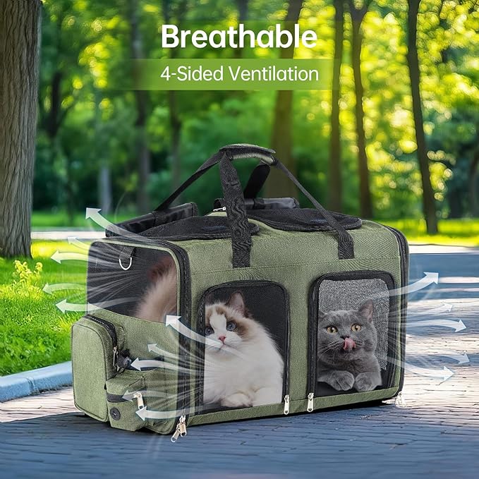 Cat Carrier for 2 Cats - Double Pet Carrier Extra Large, Dual Cabin Multi Cat Travel Carrier with Removable Divider, Collapsible, Can Hold 20 30 40 lbs for Two Small Kitten, Medium Dog Green