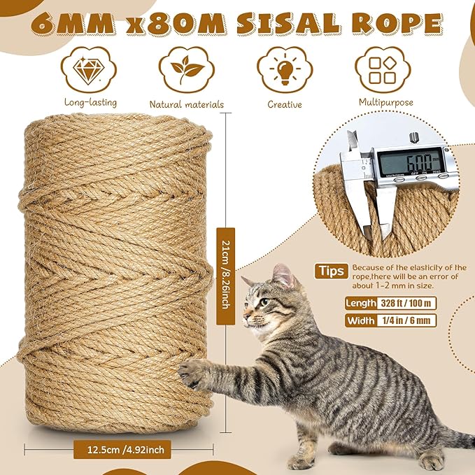 tchrules 328 ft/100 m Sisal Rope for Cat Scratcher, 1/4 inch/ 6 mm Thick Twine for Cat Scratching Post Cat Tree Replacements DIY Craft Projects, Jute Hemp Rope with 4 Random Colors Cat Toys
