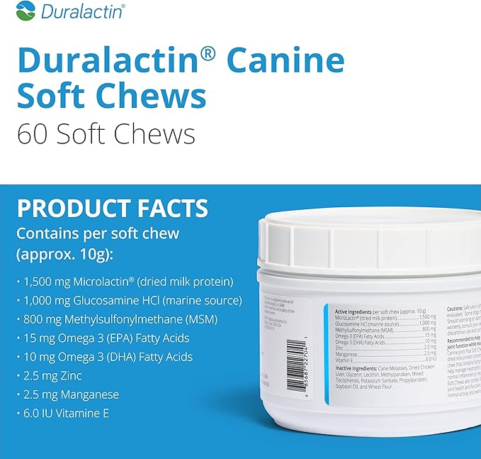 PRN Pharmacal Duralactin Canine Joint Plus - Joint Health Supplement for Dogs & Puppies to Support Healthy Cartilage Levels & Joint Function While Helping Manage Soreness - 60 Soft Chews