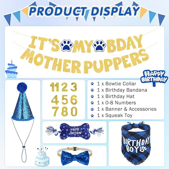 SCENEREAL Dog Birthday Party Supplies, Dog Birthday Bandana Hat Toy Bow Tie Collar Set with Birthday Numbers, Pet Birthday Scarf Accessories Outfit Decorations for Boy Girl Medium Large Dogs, L