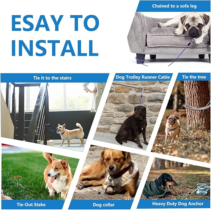 50FT Tie Out Cable for Dogs Up to 250 Pounds, Heavy Duty Lead for Large Dogs, Runner for Yard Outdoor and Camping, Blue