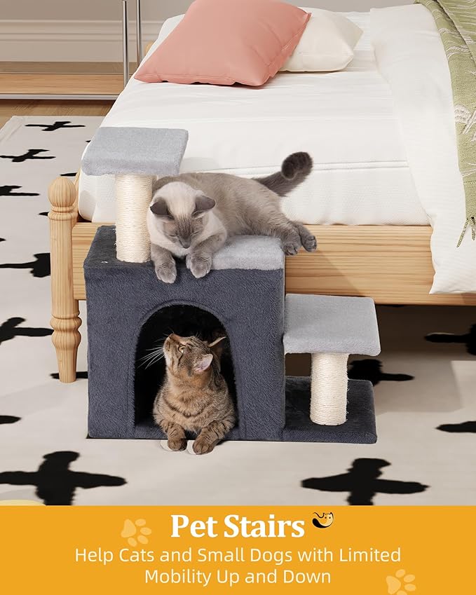 3-in-1 Pet Stairs for Cats, Dog Steps for Small Doggie, 6.29''Depth Cat Stairs, Indoor Cat Ladders for High Bed for Pet's Joints,Soft Plush, 1 Cat Condo Cave, Sisal Scratching Posts, Grey, Medium