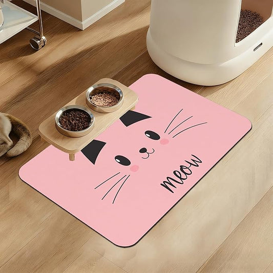 Pink Cat Dog Food Mat–Absorbent Quick Dry Feeding Placemat for Food and Water Bowls, Non Slip Rubber Backing, Waterproof Pet Supplies for Mess-Free Eating 12"x20"