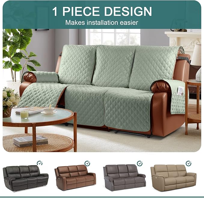 Ruaozz Waterproof Recliner Sofa Cover 1-Piece Couch Covers for Reclining Couches Reclining Sofa Cover Washable Furniture Protector with Elastic Straps Pocket for Kids, Pets (Sage Green, 3 Seater)