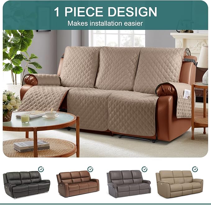 Ruaozz Waterproof Recliner Sofa Cover 1-Piece Couch Covers for Reclining Couches Reclining Sofa Cover Washable Furniture Protector with Elastic Straps Pocket for Kids, Pets (Light Brown, 3 Seater)