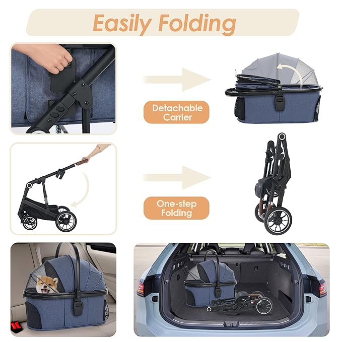 Pet Stroller with 4 Wheels, 3 in 1 Folding Puppy Strollers for Small/Medium Dogs Cats up to 50lbs, Lightweight Pet Travel Carrier with Detachable Cushion, Storage Basket and Cup Holder, Blue