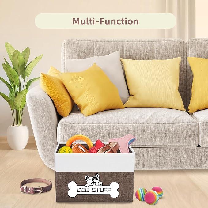 Foldable Dog Toy Box, Fabric Pet Storage, Folding Organizer Home Décor Bin with Handle, Collapsible Storage Basket for Pet Leash, Blanket, Chew Toys and Accessories, Coffee