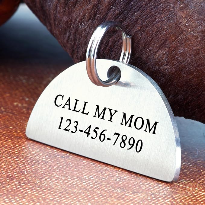 Ultra Joys Personalized Cat Collar Name Tag Small Pet ID Tags for Cats - Customized Mini Cute Dog Cat ID Tag - Bothside Engravable Lightweight Durable Stainless Steel - Semi Circle Tag in Silver