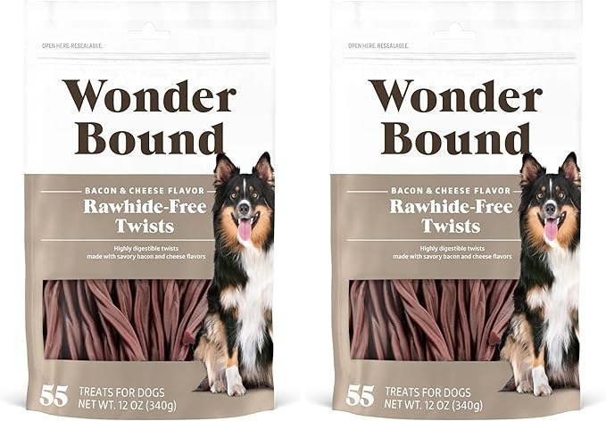 Amazon Brand - Wonder Bound Bacon & Cheese Flavor Dog Twist Sticks - 55 Count - Rawhide-Free Dog Treats, Dental Health Chews for Plaque & Tartar Control, Easy to Digest, Long-Lasting (Pack of 2)