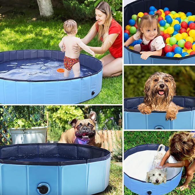 Foldable Dog Pool, Portable Pet Bath Tub and Kiddie Swimming Pool, Collapsible Bathtub for Puppies, Small, Medium and Large Dogs, Cats and Kids, 32 x 8 in, Blue
