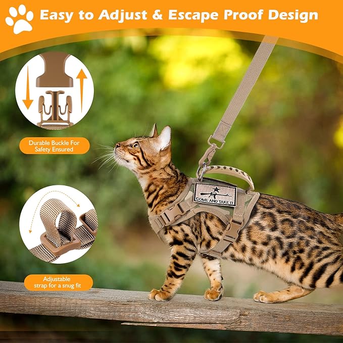 Tactical Cat Harness and Leash Set for Walking Escape Proof, Adjustable Large Cat Vest Harness with Molle Patches, Soft Mesh Padding, Rubber Handle Easy to Control (Large, Beige)
