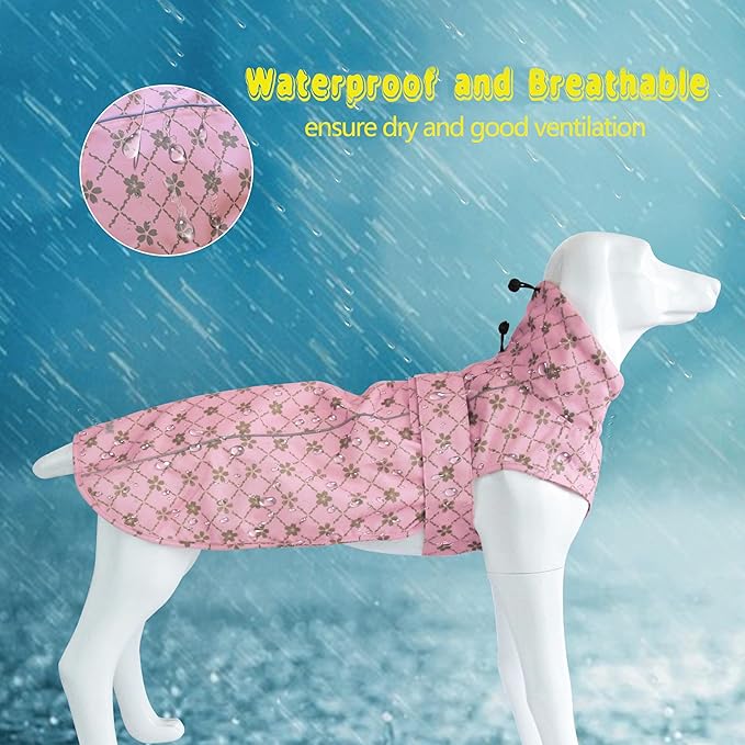 Adjustable Waterproof Dog Raincoat for Dogs,Lightweight Pet Rain Jacket Puppy Clothes with Reflective Strip for Small Medium Large Dogs(Medium,Gold Cheery Blossoms Pink)