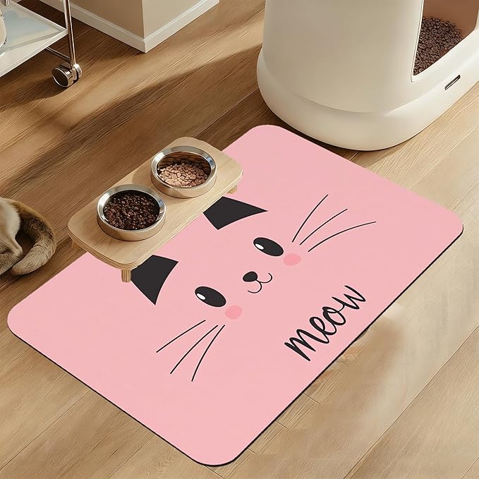 Pink Cat Meow Dog Food Mat–Absorbent Quick Dry Feeding Placemat for Food and Water Bowls, Non Slip Rubber Backing, Waterproof Pet Supplies for Mess-Free Eating 16"x24"