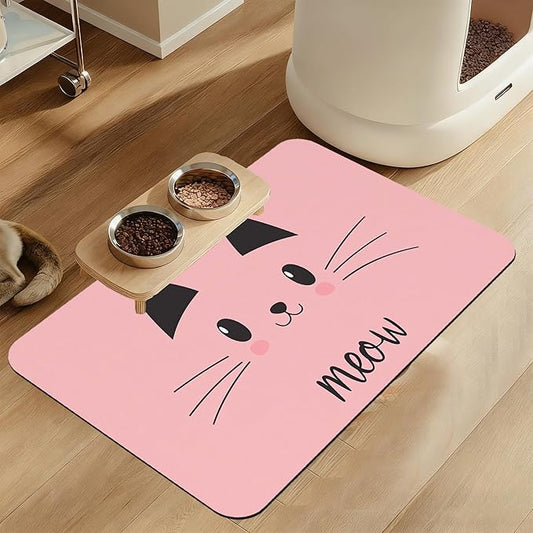 Pink Cat Meow Dog Food Mat–Absorbent Quick Dry Feeding Placemat for Food and Water Bowls, Non Slip Rubber Backing, Waterproof Pet Supplies for Mess-Free Eating 16"x24"