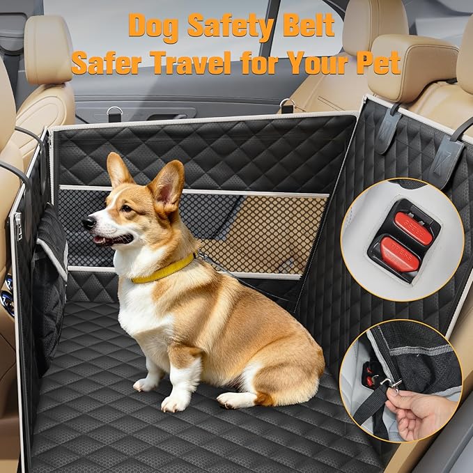 PETICON Dog Car Seat for Large Medium Dogs, One-Piece Hard Bottom Back Seat Extender for Dogs with 2 Mesh Windows, Waterproof Pet Carseat with Storage Pocket for Cars, SUVs and Trucks
