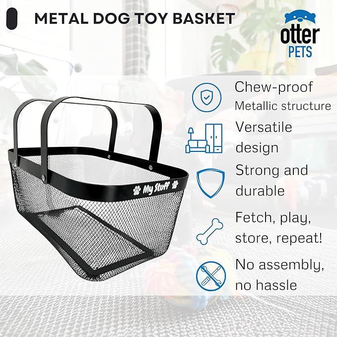 Dog Toy Basket Metal Mesh Metal, Chew Proof, 16 (L) x 9.5 (W) x 7 (H) inches Black Dog Toy Bin, Sturdy Pet Toy Basket