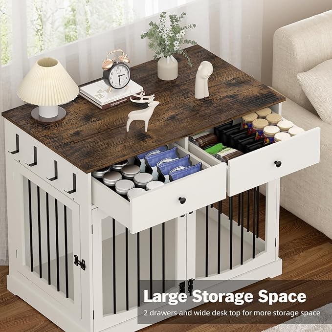 40'' Wooden Dog Crate Furniture–Farmhouse Dog Kenel-Multi Purpose Pet House with Double Doors, 2 Drawers, for Small, Medium & Large Dogs–White & Brown Finish