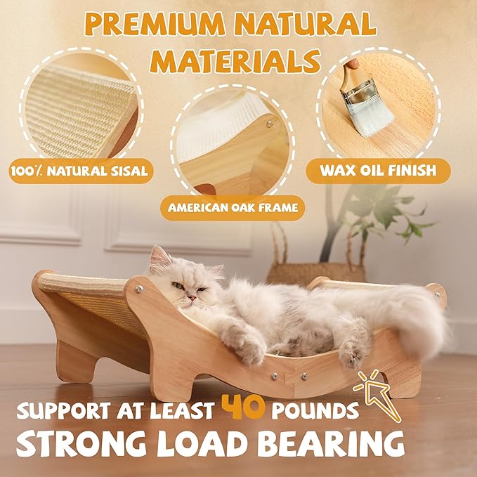 Natural Sisal Cat Scratcher Bed for Indoor Cats Scratching Post Hammock Lounge with Oak Frame, Wooden Cat Furniture for Large Cats, Modern Scratcher