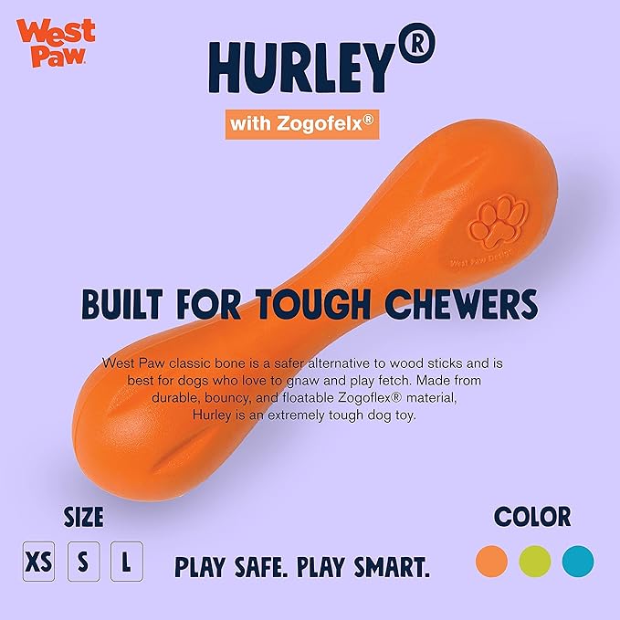 WEST PAW Zogoflex Hurley Dog Bone Chew Toy – Floatable Pet Toys for Aggressive Chewers, Catch, Fetch – Bright-Colored Bones for Dogs – Recyclable, Dishwasher-Safe, Non-Toxic, X-Small, Tangerine