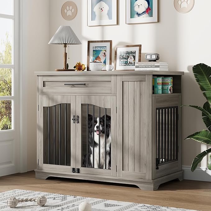 Furniture Style Dog Crate for Large Dogs, 44 Inch Heavy Duty Wooden Dog Kennel Furniture with Drawer & Side Storage and Bulit-in Feeding Station,Grey