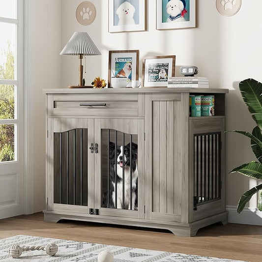 Furniture Style Dog Crate for Large Dogs, 44 Inch Heavy Duty Wooden Dog Kennel Furniture with Drawer & Side Storage and Bulit-in Feeding Station,Grey