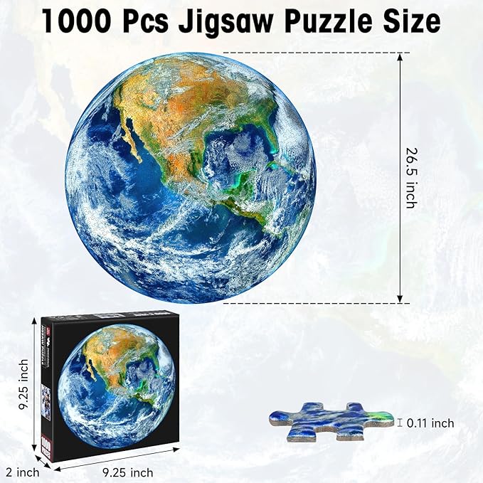Round Earth Puzzles for Adults 1000 Pieces, NASA Blue Marble View Circle Jigsaw Puzzle with Letters on Back, Challenging Nature Puzzle, Premium Family Game Decor & Gift