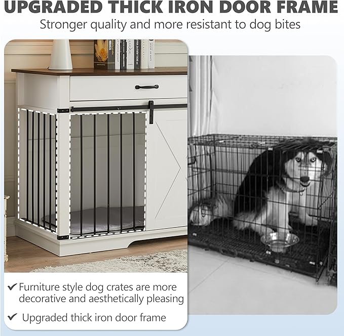37.8" Dog Crate Furniture - Indoor Wooden Dog Kennel Furniture with Sliding Barn Door and Storage Drawer, White