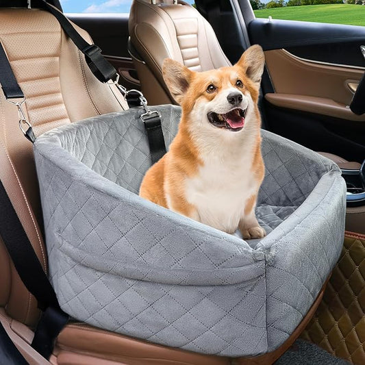 Dog Car Seat for Small Dogs,Detachable Washable Dog Booster Seat for Medium Dogs Under 30lbs, Pet Car Seat Travel Bed with Storage Pockets and Dog Safety Belt (Grey)