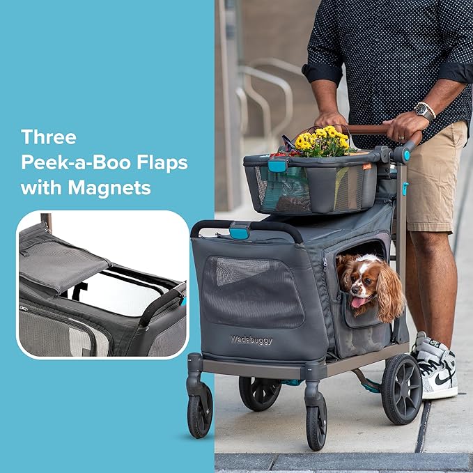 Wadabuggy Pet XL Foldable Cart - Adjustable & Portable Pet Stroller with Caddy, Shopping Basket, Foam Filled Rubber Wheels & Storage - Carriage for Small & Medium Dogs, Cats Under 75 lbs