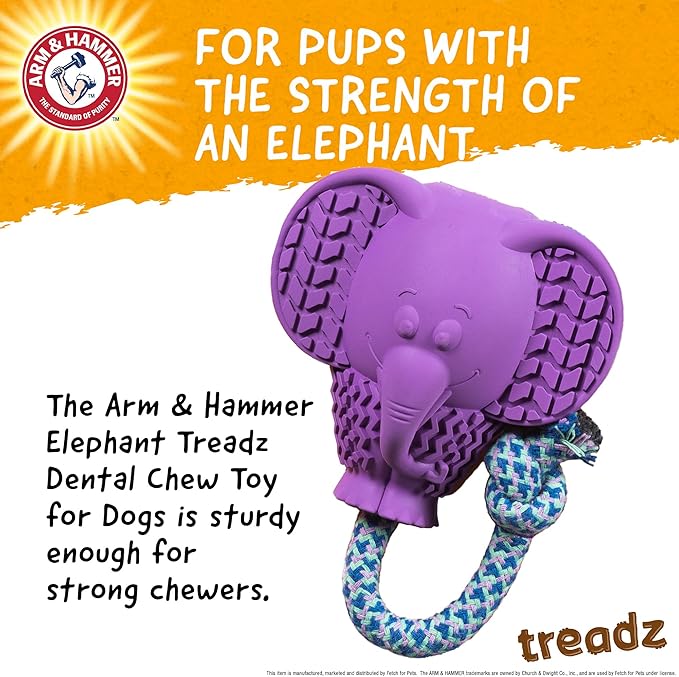 Arm & Hammer for Pets Super Treadz Large Elephant Dental Chew Toy for Dogs Dog Dental Toys for Aggressive Chewers Reduces Plaque & Tartar Without Brushing Safe for Dogs up to 35 Lbs