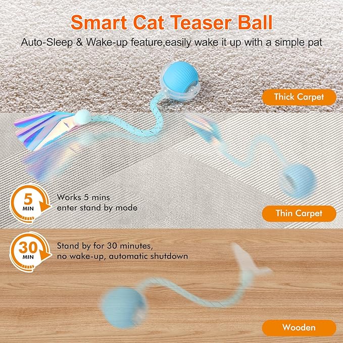 Interactive Cat Toys for Indoor Cats, Automatic Kitten Toys for Bored Indoor Adult Cats, Smart Kitten Rolling Ball Moving Balls Toy, Rechargeable Dog Cat Ball for Enrichment Exercise (Blue)