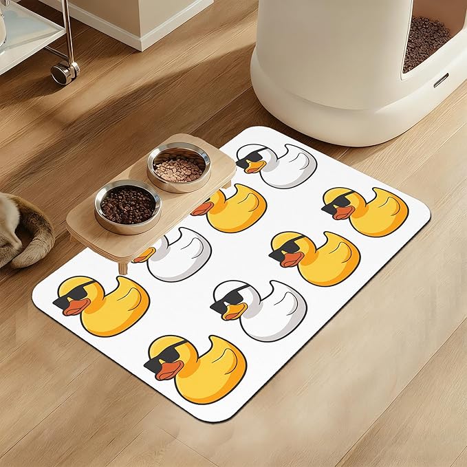 Cute Ducks Glasses Pet Feeding Mat for Floors–Absorbent Quick Dry Dog Cat Bowl Mat for Food and Water, Non Slip Waterproof Base, Mess-Free Feeding Accessories 12"x20"