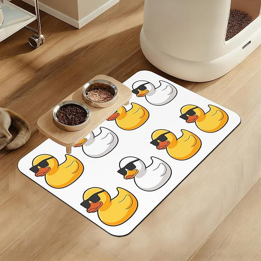 Cute Ducks Glasses Pet Feeding Mat for Floors–Absorbent Quick Dry Dog Cat Bowl Mat for Food and Water, Non Slip Waterproof Base, Mess-Free Feeding Accessories 12"x20"