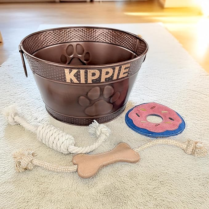 Personalized Metal Dog Toy Bin + 3 Toy Combo Set - Copper Galvanized Storage Bin with Handles, Basket for Pet Toys, Dog Toy Box, Pet Storage - Custom Dog Name Gift (Small - Copper)