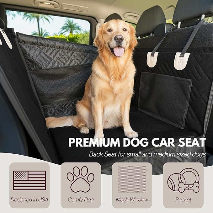 Premium Dog Car Seat & Back Seat – Waterproof & Non-Slip Travel Hammock with Storage Pockets | Secure & Comfortable Pet Seat Cover for Medium Dogs – Fits Cars, SUVs & Trucks (Black)