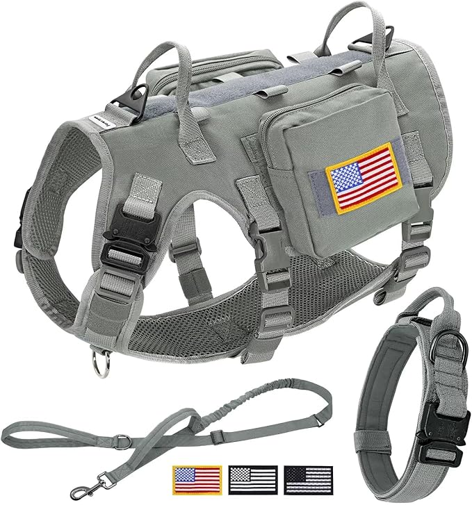 Forestpaw Tactical Dog Harness for Large Dogs,Tactical Dog Collar with Bungee Leash Set,No Pull Military Dog Harness for Walking Training,Adjustable for Medium Large Dogs,Gray,Chest 15.5-25.5"