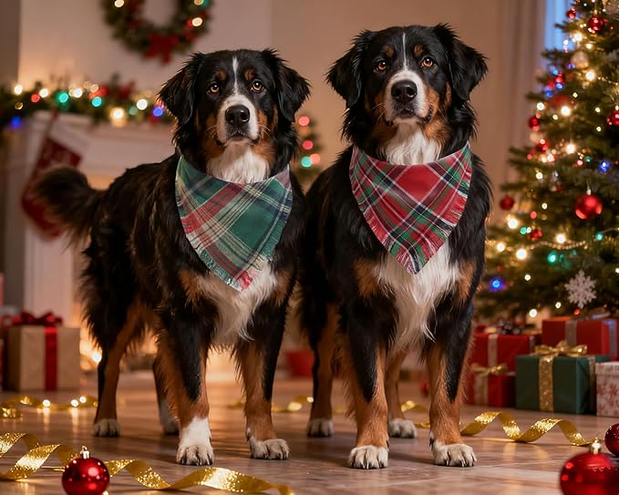 Christmas Dog Bandanas 2PCS-XLarge,Holiday Scarf Two-Sided with Tassels Edges,Stylish Triangle Dog Outfit for Boy and Girl,Winter Christmas Classic Red Green Plaid Pet Costume for Extra Large Dogs