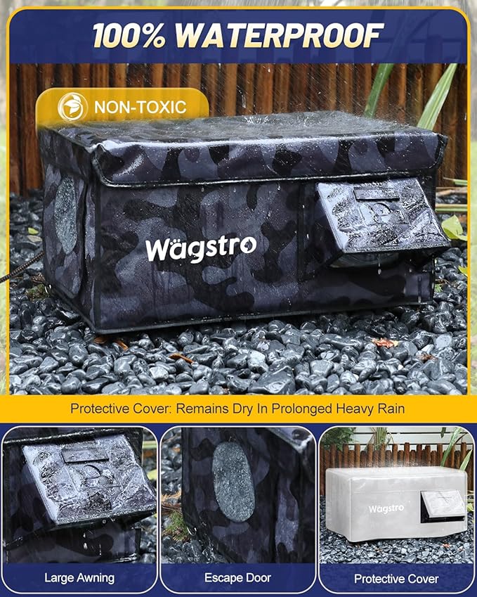 Heated Cat House for Outside, Waterproof Awning & Escape Door Heated Cat Houses for Indoor/Outdoor Cats in Winter, Elevated & Insulated Outdoor Cat Shelter for Feral Cat(Black Camo, 16.5"x12.6"x12.6")