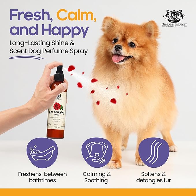 Dog Perfume Spray Long Lasting Balancing Rose 8 Fl Oz - Dog Calming Spray Scent Mist for Shining Fur, Puppy Cologne, Doggie Deodorant Fragrance Mist Pet Perfume for All Breeds by Gerrard Larriett